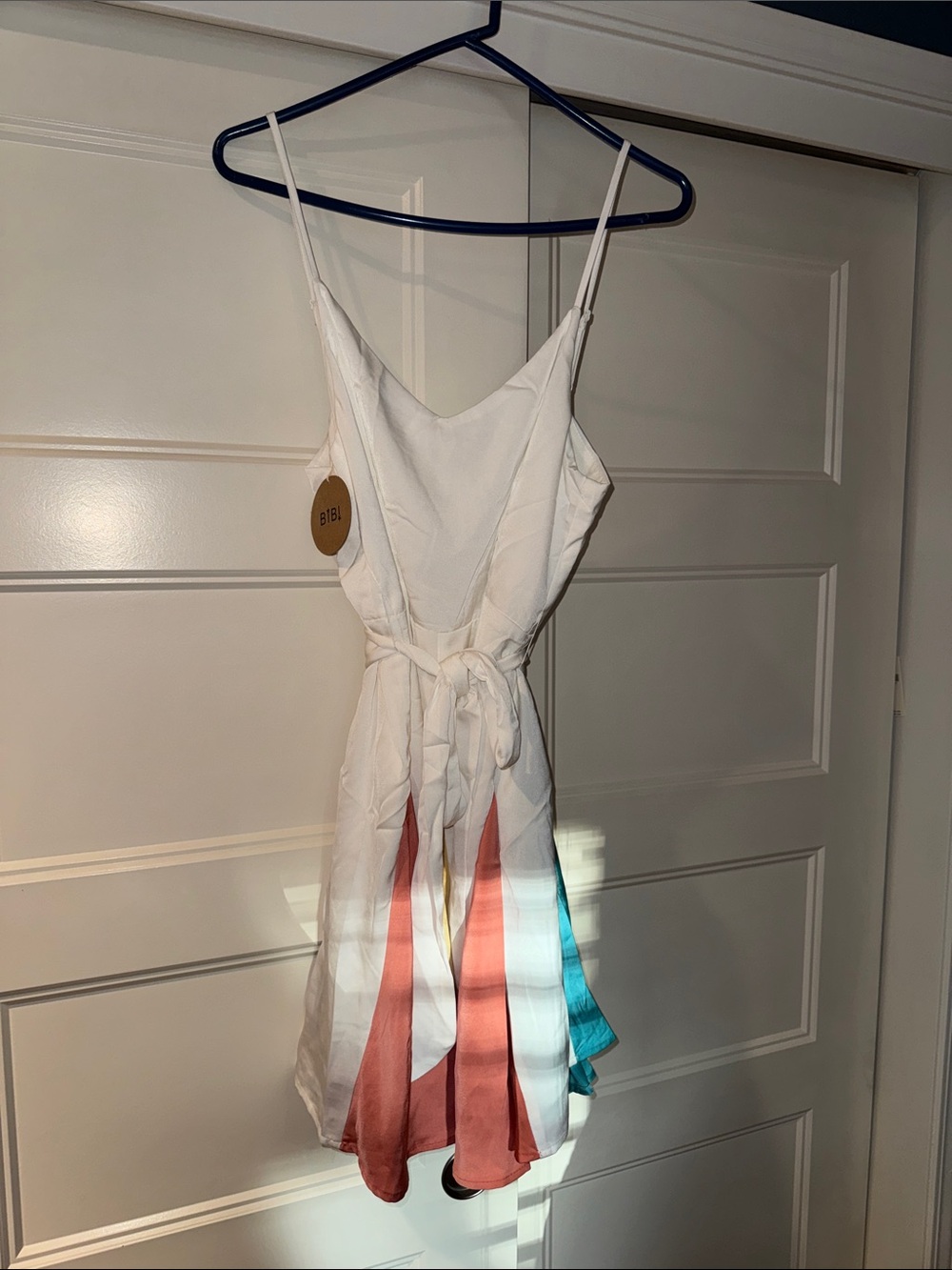 BiBi Belted Mini Dress Coral Yellow Teal Panels SIZE MEDIUM